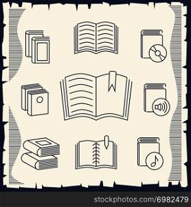 Thin line book collection on vintage background. Collection of books drawing, vector illustration. Thin line book collection on vintage background