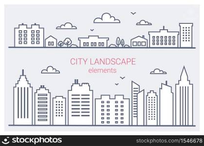 Thin line City buildings set. Downtown landscape with high skyscrapers. Panorama architecture City landscape template. Goverment buildings outline illustration. Urban life elements Vector illustration. Thin line City buildings set. Downtown landscape with high skyscrapers. Panorama architecture City landscape template. Goverment buildings outline illustration. Urban life elements