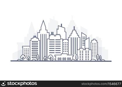 Thin line City landscape. Downtown landscape with high skyscrapers. Panorama architecture City landscape template. Goverment buildings Isolated outline illustration. Urban life Vector illustration. Thin line City landscape. Downtown landscape with high skyscrapers. Panorama architecture City landscape template. Goverment buildings Isolated outline illustration. Urban life