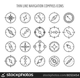 Thin line compass icons. Linear compass icons. Thin line navigation compass icons on white backgroung. Vector illustration