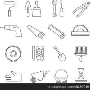 Thin line construction tools, home repair vector icons, toolkit symbols. Thin line construction tools, home repair vector icons, toolkit symbols. Trowel and saw, helmet and drill, roller and wheelbarrow in linear style illustration