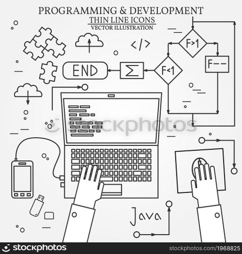 Thin line design of cloud computing technology, wireless communication, website programming code, hosting service for developers. For web and mobile.