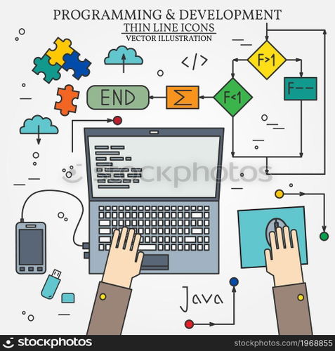 Thin line design of cloud computing technology, wireless communication, website programming code, hosting service for developers. For web and mobile.