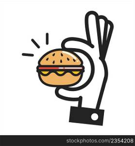 Thin line icon hand holding a burger, fast food icon isolated on white. Vector illustration. Thin line icon hand holding a burger, fast food icon isolated on white. 