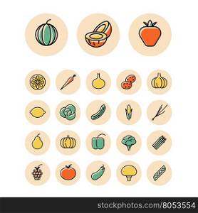 Thin line icons for fruits and vegetables. Vector illustration.