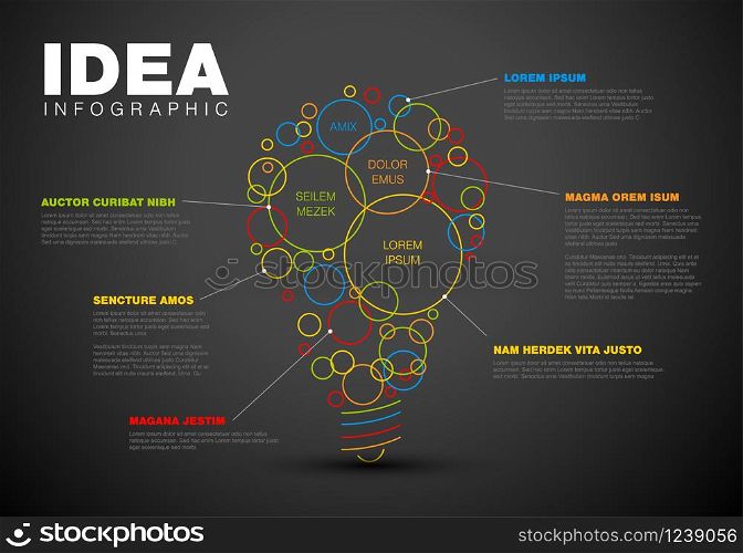Thin line idea infographic template - circles with some content in the bulb shape - dark version