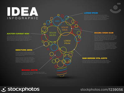 Thin line idea infographic template - circles with some content in the bulb shape - dark version