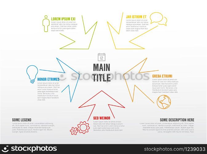 Thin line infographics template with colorful arrows pointing to the centre