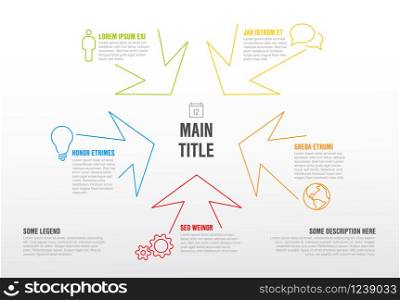 Thin line infographics template with colorful arrows pointing to the centre