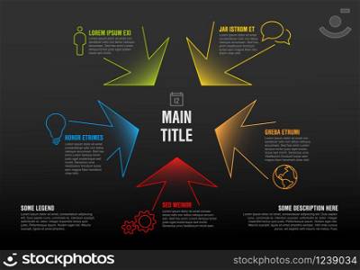 Thin line infographics template with colorful arrows pointing to the centre - dark version. Thin line infographics template with colorful arrows