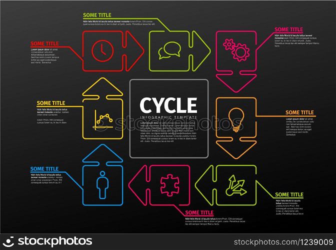 Thin line infographics template with steps in circle arrows - dark version. Vector Infographic timeline report template