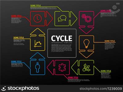 Thin line infographics template with steps in circle arrows - dark version. Vector Infographic timeline report template