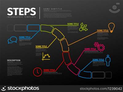 Thin line infographics template with steps / progress / timeline - dark version. Thin line steps / progress / timeline template