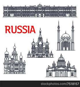 Thin line landmarks for tourism or travel in Russia. Sketch of Winter Palace and Saint Isaac s orthodox Cathedral or Isaakievskiy Sobor in Saint Petersburg, Church of the Savior on Spilled Blood and Saint Basil s or Vasily, Pokrovsky Cathedral. Thin line landmarks for tourism in Russia or USSR