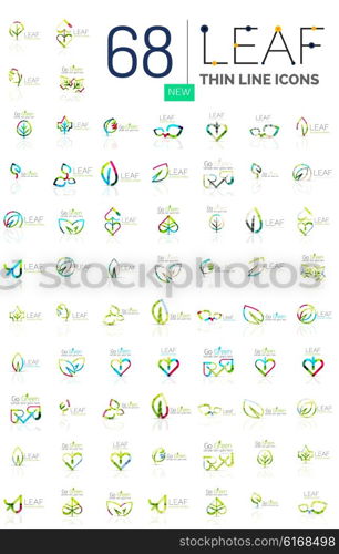 Thin line leaf geometric flat style symbols or logotypes. Nature green environmental concept, new life idea in various color variations. Eco love heart