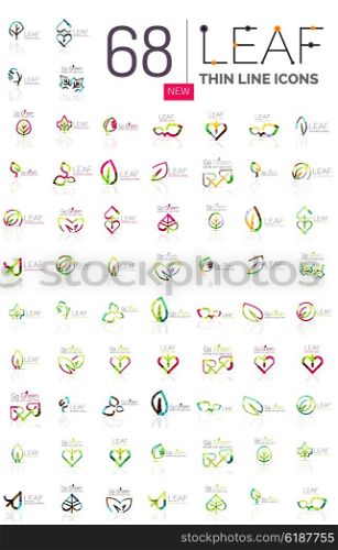 Thin line leaf geometric flat style symbols or logotypes. Nature green environmental concept, new life idea in various color variations. Eco love heart