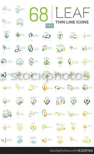 Thin line leaf geometric flat style symbols or logotypes. Nature green environmental concept, new life idea in various color variations. Eco love heart