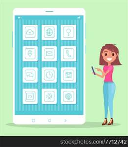 Thin line smartphone screen icons. Cheerful woman with mobile phone and set of contact, program and application signs illustration. Young pretty girl wearing casual clothes and outline web icons set. Thin line smartphone screen icons. Cheerful woman with mobile phone and set of contact icons