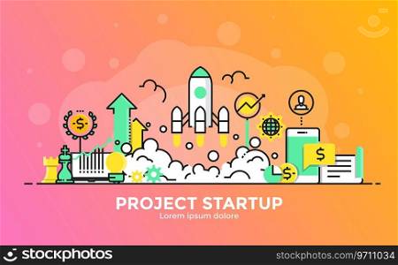 Thin line smooth gradient flat design banner of Project Startup for website and mobile website, easy to use and highly customizable. Modern vector illustration concept, isolated on white background.
