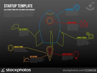 Thin line startup infographic template with space rocket - dark version