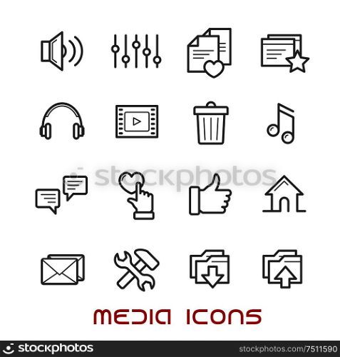 Thin line style multimedia and social media icons with speech bubble and e-mail, load, and home page, favorite star and heart, video, contacts, playlist, equalizer, trash, headphones, speaker. Multimedia and media thin line icons