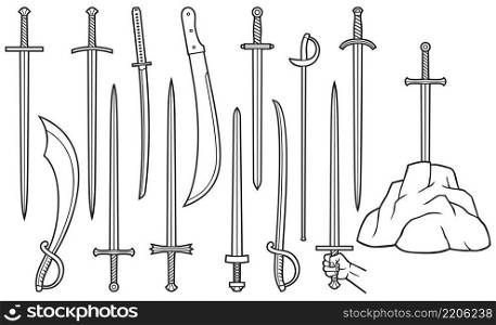 Thin line swords icons set  saber, machete, katana, excalibur in the stone 