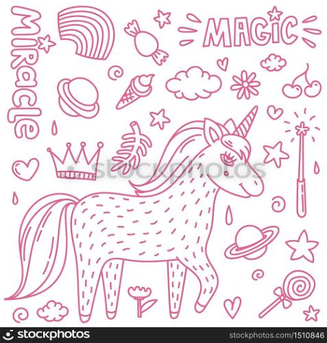 Thin line vector illustration with cute handdrawn unicorn and magic stuff. Miracle and magic creature. Vector illustration.. Thin line vector illustration with cute handdrawn unicorn and magic stuff. Miracle and magic creature.
