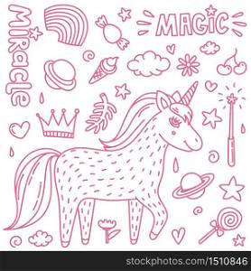 Thin line vector illustration with cute handdrawn unicorn and magic stuff. Miracle and magic creature. Vector illustration.. Thin line vector illustration with cute handdrawn unicorn and magic stuff. Miracle and magic creature.