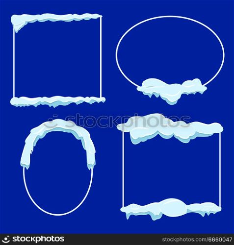 Thin lined frame collection with snow on blue background. Borders with space for text of oval and square shapes vector winter poster template. Frame festive collection with piles of white snow. Thin Lined Frame Collection with Snow on Blue