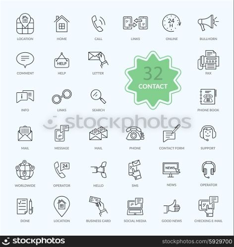 Thin, lines, outline icons of contact. Support concept set. Feedback icon. For web site construction, mobile applications, banners, corporate brochures, book covers, layouts etc.