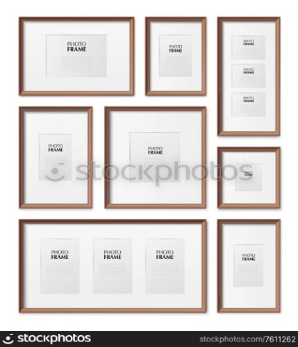 Thin wooden rectangular and square picture frames different sizes dimensions realistic mockup set isolated vector illustration