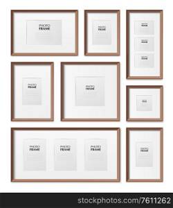 Thin wooden rectangular and square picture frames different sizes dimensions realistic mockup set isolated vector illustration
