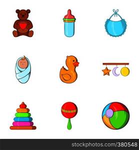 Things for baby icons set. Cartoon illustration of 9 things for baby vector icons for web. Things for baby icons set, cartoon style