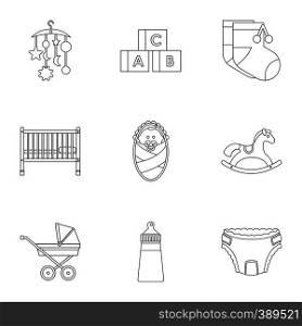Things for baby icons set. Outline illustration of 9 things for baby vector icons for web. Things for baby icons set, outline style