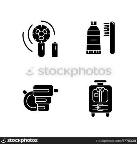 Things for travelling tourist suitcase black glyph icons set on white space. Compact fan. Toothbrush and paste. Mini size objects for tourist. Silhouette symbols. Vector isolated illustration. Things for travelling tourist suitcase black glyph icons set on white space