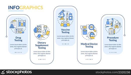 Things to be tested rectangle infographic template. Clinical trials. Data visualization with 5 steps. Process timeline info chart. Workflow layout with line icons. Myriad Pro-Bold, Regular fonts used. Things to be tested rectangle infographic template