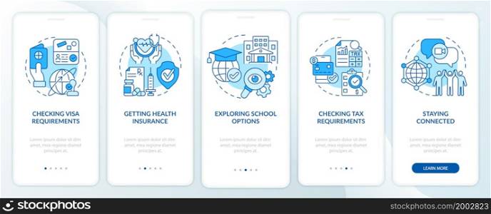 Things to consider when moving blue onboarding mobile app page screen. Moving abroad walkthrough 5 steps graphic instructions with concepts. UI, UX, GUI vector template with linear color illustrations. Things to consider when moving blue onboarding mobile app page screen