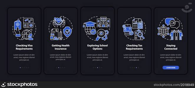Things to consider when moving dark onboarding mobile app page screen. Walkthrough 5 steps graphic instructions with concepts. UI, UX, GUI vector template with linear night mode illustrations. Things to consider when moving dark onboarding mobile app page screen