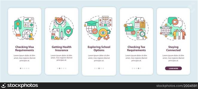 Things to consider when moving onboarding mobile app page screen. Moving abroad walkthrough 5 steps graphic instructions with concepts. UI, UX, GUI vector template with linear color illustrations. Things to consider when moving onboarding mobile app page screen