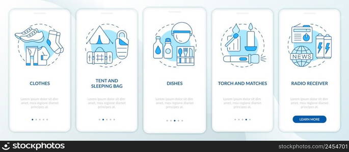 Things to put in surviving backpack blue onboarding mobile app screen. Walkthrough 5 steps graphic instructions pages with linear concepts. UI, UX, GUI template. Myriad Pro-Bold, Regular fonts used. Things to put in surviving backpack blue onboarding mobile app screen
