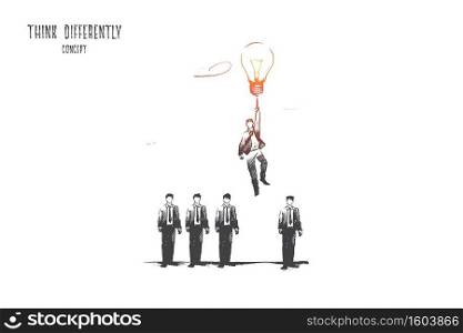 Think differently concept. Hand drawn person with lightbulb in hand as symbol of new idea. Man flying from crowd with light bulb isolated vector illustration.. Think differently concept. Hand drawn isolated vector.