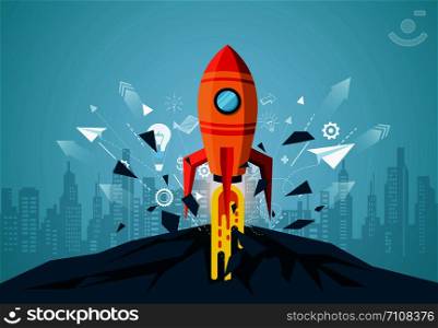 think outside the box. space shuttle launch to the sky. startup business concept. creative iead. icon rocket. leadership. illustration cartoon vector