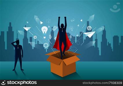 think outside the box. Superhero businessmen fling out of the box are flying up into the sky. startup business concept . creative idea. leadership. illustration cartoon vector