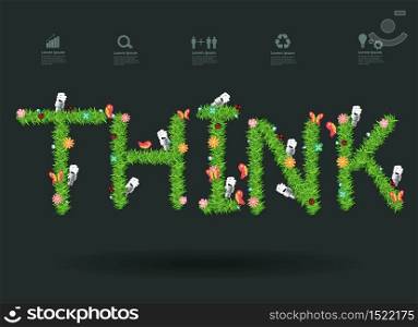 Think text eco concept with green grass alphabet letters design, Vector illustration modern design template