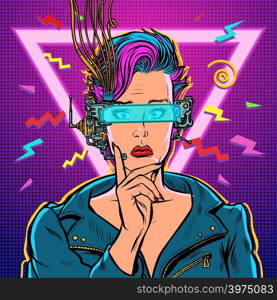 thinker vr glasses woman gamer virtual reality online. 80s girl. Pop art retro vector illustration kitsch vintage. 80s girl woman. thinker vr glasses woman gamer virtual reality online. 80s girl