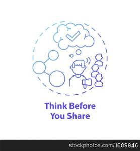 Thinking before sharing concept icon. Fake news check idea thin line illustration. Critical thinking. Distinguishing real from fake. Analyzing information. Vector isolated outline RGB color drawing. Thinking before sharing concept icon