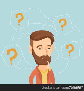 Thinking business man standing under question marks. Young caucasian hipster business man thinking. Thinking business man surrounded by question marks. Vector flat design illustration. Square layout.. Young business man thinking vector illustration.