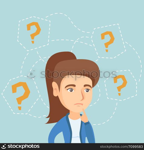 Thinking business woman standing under question marks. Young caucasian business woman thinking. Thinking business woman surrounded by question marks. Vector cartoon illustration. Square layout.. Young caucasian business woman thinking.