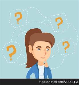 Thinking business woman standing under question marks. Young caucasian business woman thinking. Thinking business woman surrounded by question marks. Vector cartoon illustration. Square layout.. Young caucasian business woman thinking.