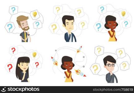 Thinking businessman standing under question marks. Young asian businessman thinking. Thinking man surrounded by question marks. Set of vector flat design illustrations isolated on white background.. Vector set of business characters.